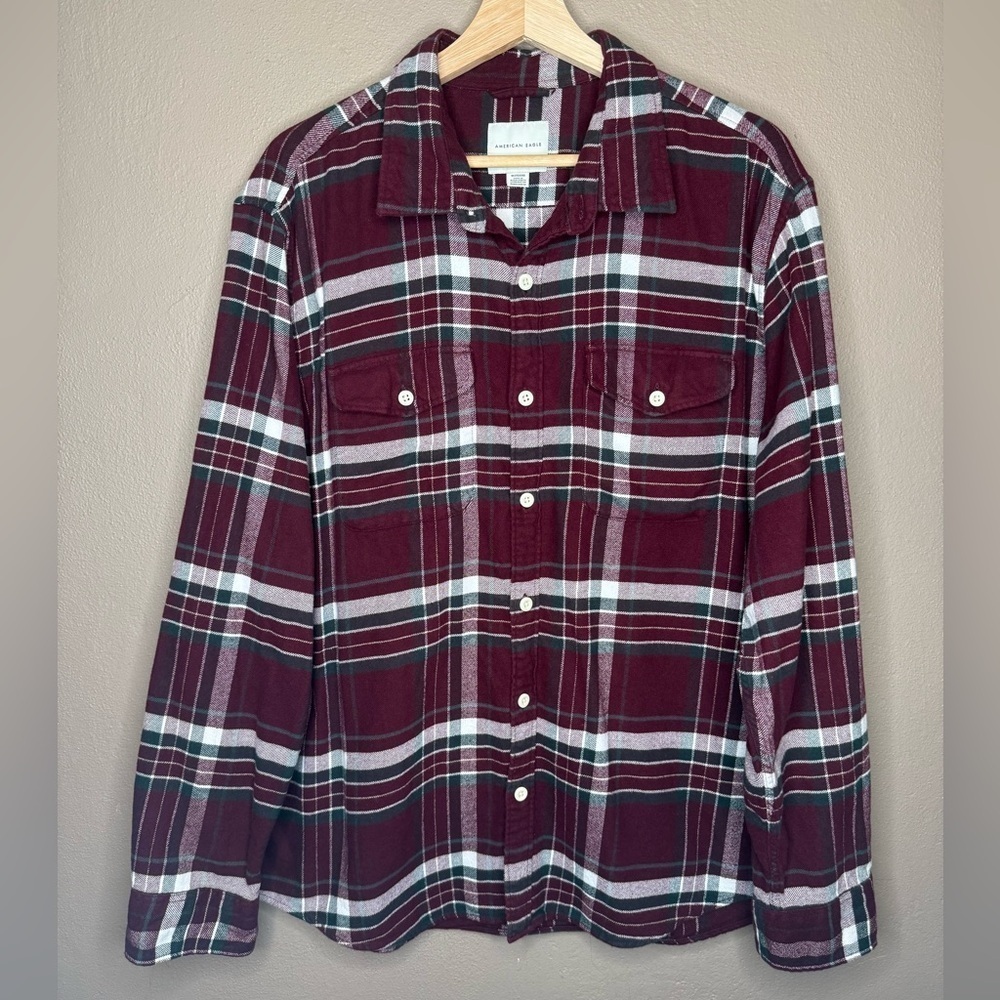 American Eagle Men's Burgundy Super Soft Plaid Flannel Shirt XL 100% Cotton Boho